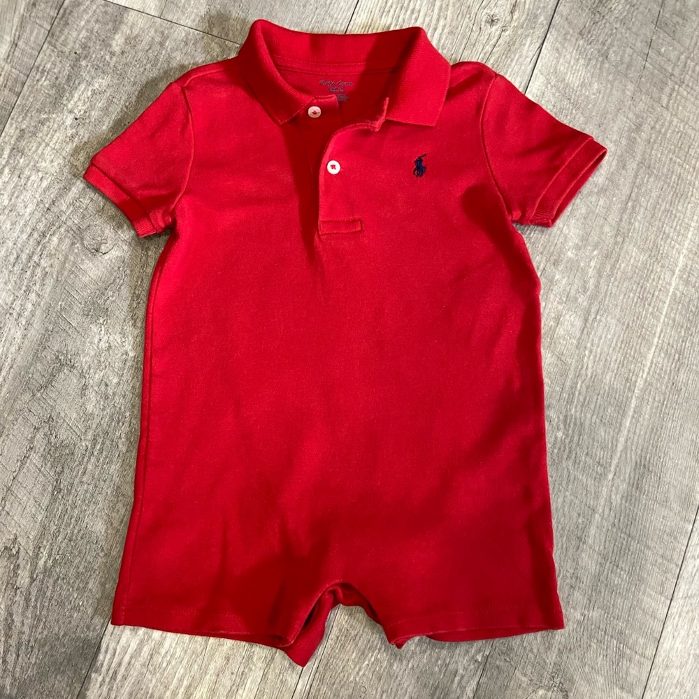 Ralph Lauren Soft Cotton Polo Shortall Red Polo Romper